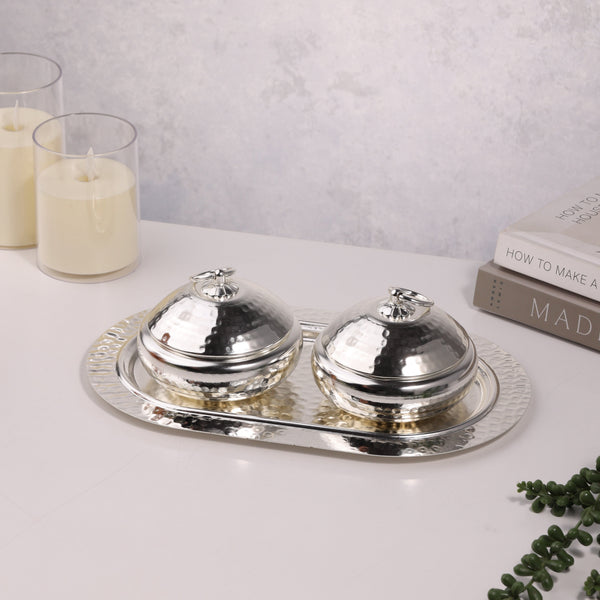 2 Silver Bowls with lid & Tray