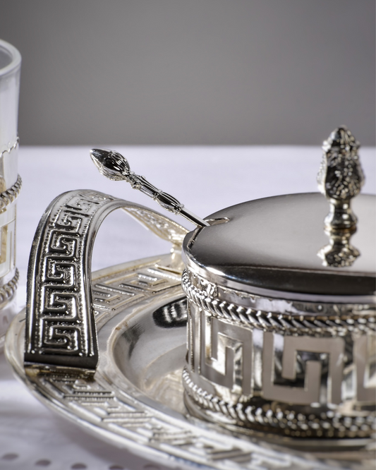 Versace design inspired set of six cups, sugar pot and tray comes with seven small spoons