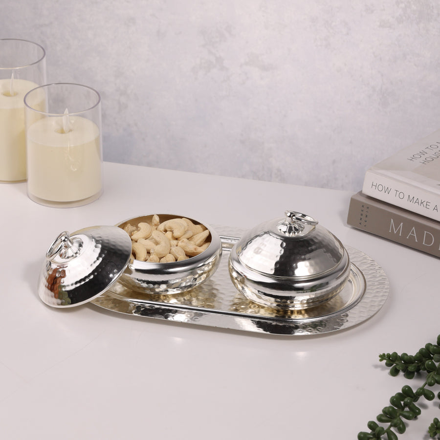 2 Silver Bowls with lid & Tray